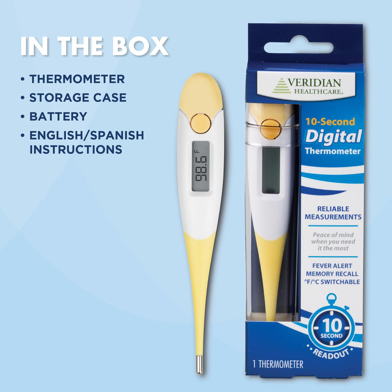 [Australia - AusPower] - Veridian Digital Thermometer | 10-Second Readout | F C Temperature Modes| Flexible Tip | Hygienic Water-Resistant Easy Cleaning | Storage Case + Instructions Included 