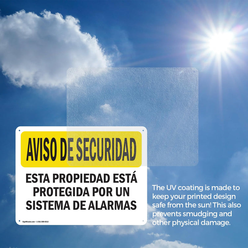 (2 Pack) Facility Protected By Alarm Spanish OSHA Security Notice Sign 14 Inch X 10 Inch Indoor/Outdoor Rust-Free Aluminum Metal Signs for Workplace, Workshop, and Construction Site, Made in the USA