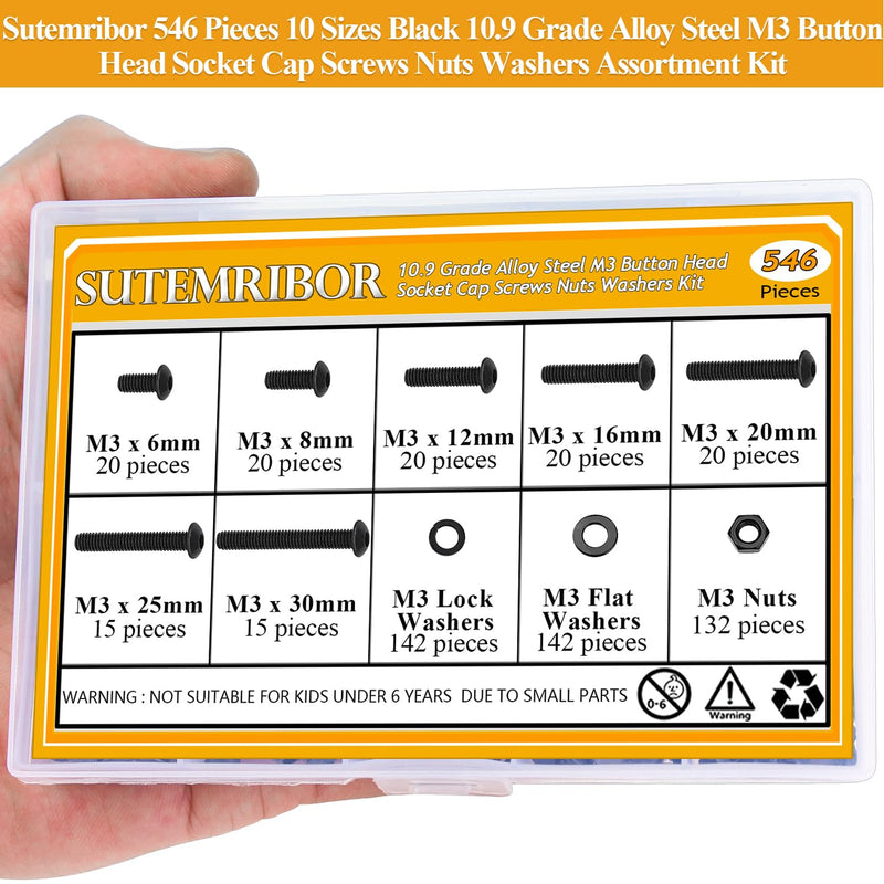 [Australia - AusPower] - 546 Pieces M3 Screws Nuts Washers Set Black, Sutemribor M3 x 6/8/12/16/20/25/30mm Button Head Socket Cap Screws Nuts Washers Assortment Kit, 10.9 Grade Alloy Steel, Fully Threaded 