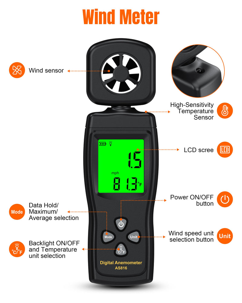 FOOAO Anemometer, Wind Meter Handheld, CMF Meter to Measure Wind Speed and Temperature to Assist in Drone Flights, Outdoor Activities, Shooting Sports and HVAC Systems
