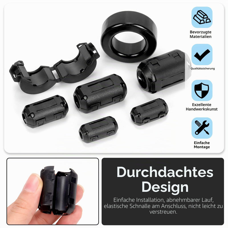 Glarks 32pcs Black Clip-on Ferrite Ring Core Set Includes 3.5/5/7/9/13 mm Inner Diameter Cable Clips RFI EMI Noise Canceling Cable Clips 42 x 24 x 16 mm Toroid Cores 15 mm Ferrite Cores