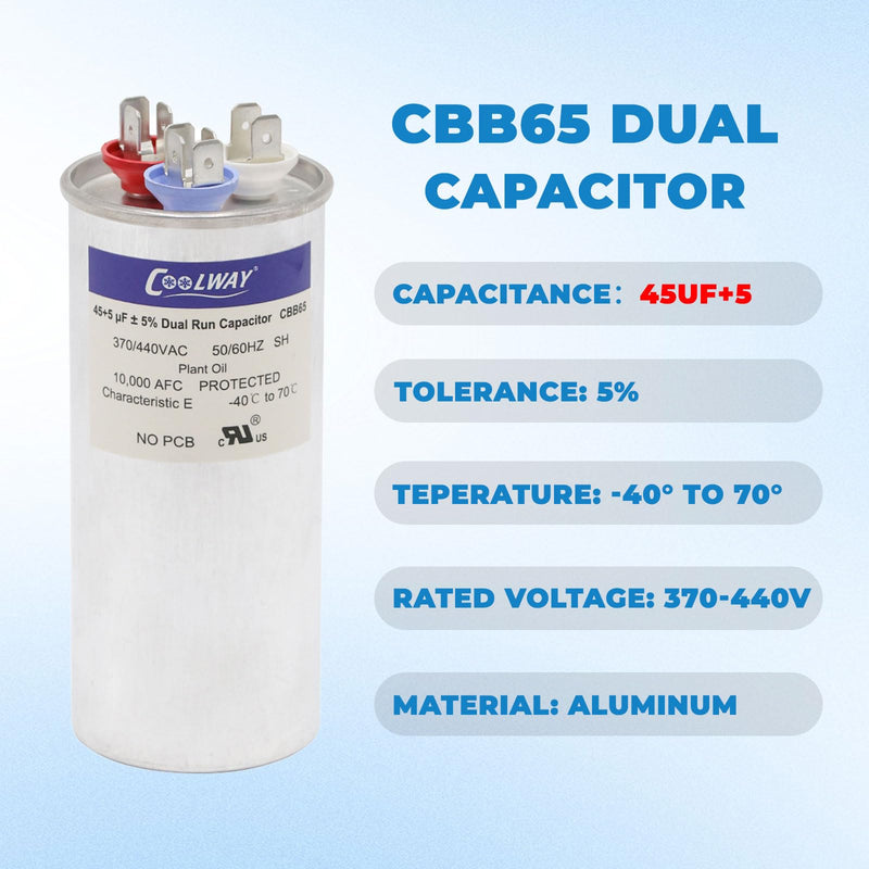 [Australia - AusPower] - COOLWAY 45/5 uF 45+5 MFD 370V or 440V Dual Run Start ac Capacitor for ac 45 5 CBB65r CBB65b Capacitor 370 440 volt vac Air Conditioner Capacitor for Motor Start or Heat Pump, condenser, pool pump 45+5MFD 