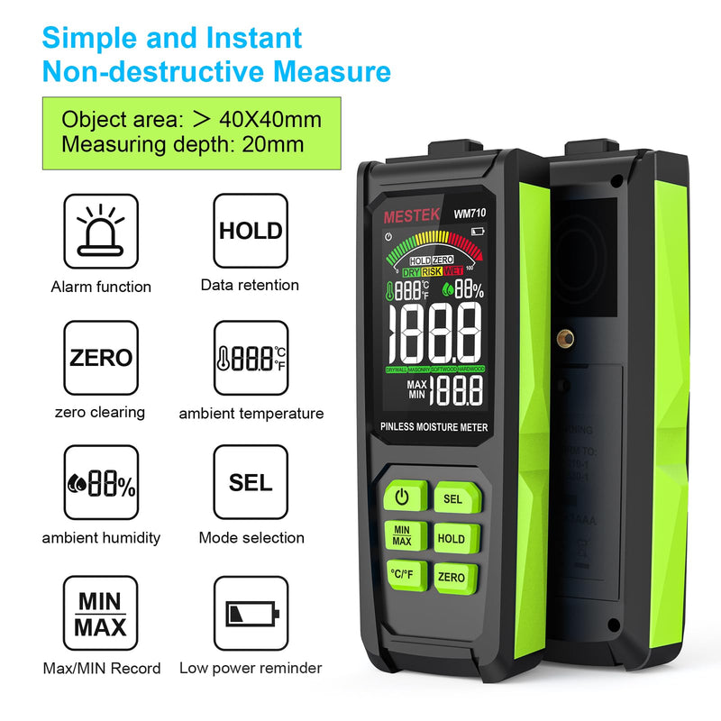 [Australia - AusPower] - Pinless Moisture Meter, MESTEK Wood Moisture Meter Digital Moisture Detector for Lumber Drywall Firewood Masonry Woodworking Plaster Floor Concrete Building with LCD Display Sound Alarm 
