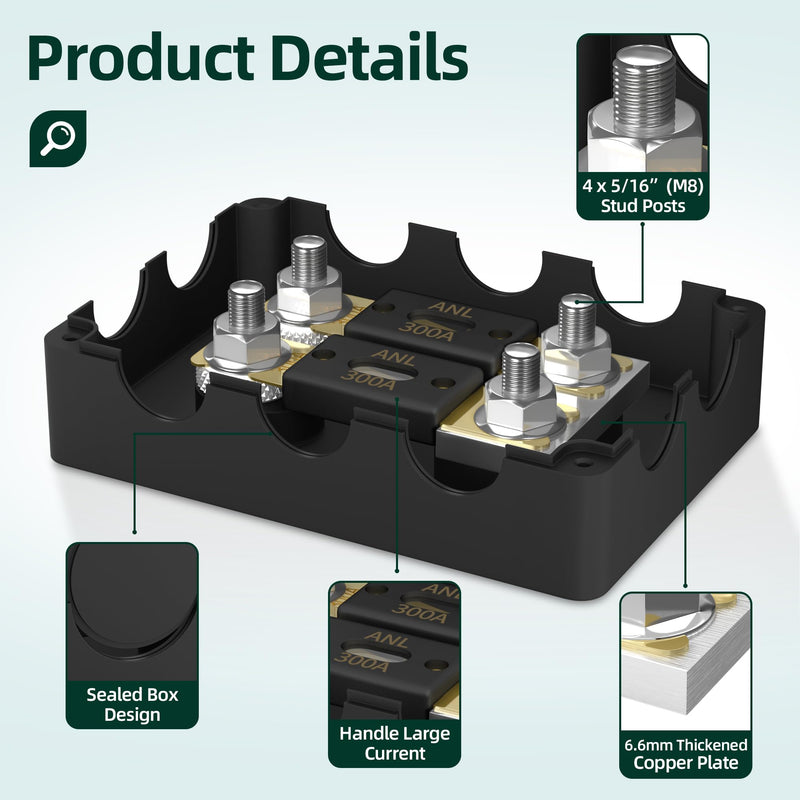 [Australia - AusPower] - ANL Fuse Holder with 2Pcs 300 Amp ANL Fuse, Max 1000A Waterproof 4 x 5/16"(M8) Studs Heavy Duty Dual Fuse Holder with 400 Amp and 500 Amp ANL Fuses for Marine Automotive Car Truck Boat 1 in 2 Out 
