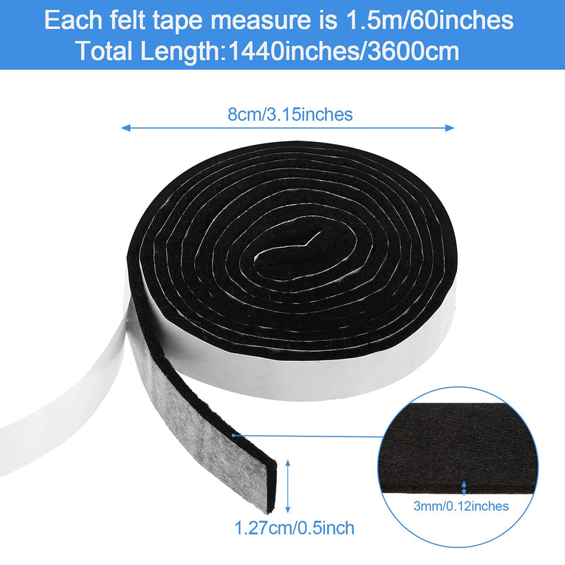 Zonon 24 Rolls 1/2 x 60 Inch Felt Strips with Adhesive Backing Furniture Felt Tape Rolls Self-Stick Heavy Duty Polyester Pads for Protecting Hardwood Floors, Chair and DIY Adhesive (Black)