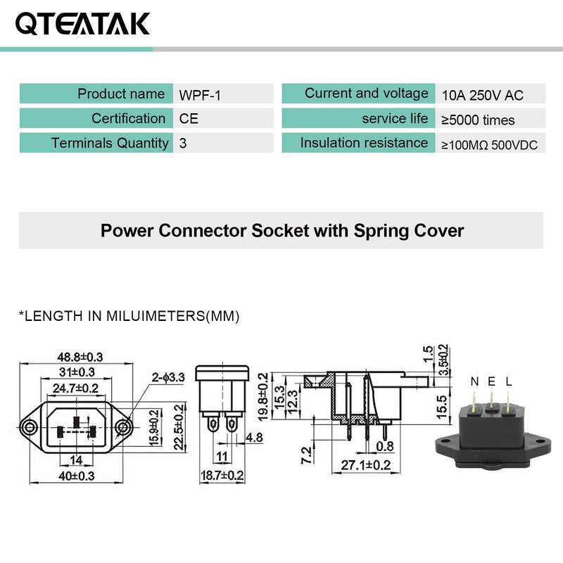 [Australia - AusPower] - QTEATAK 2 Pcs AC 250V 10A IEC 320 C14 Panel Mount Plug Adapter Power Connector Socket with Spring Cover 