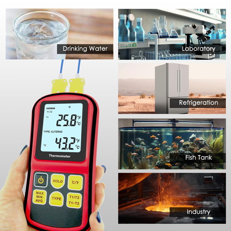 [Australia - AusPower] - Digital K Type Thermocouple Thermometer, Dual Channel Thermometer with Two K Type Thermocouples Probes LCD Display Temperature Tester for K/J/T/E/R/S/N Type(-238~3212°F) 
