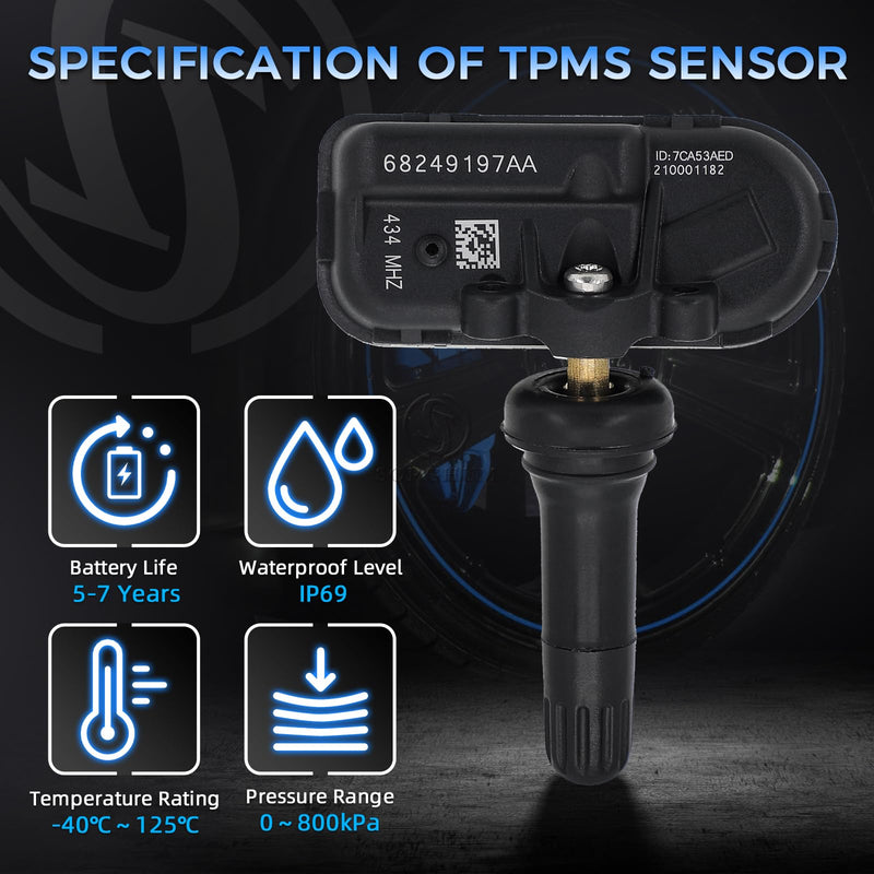 Sorghum Tire Pressure Monitoring System - Pre-Programmed TPMS Sensors 434MHz Compatible with 2014-2024 Ram 1500 2500 3500 Jeep Cherokee Replace# 68249197AA 68239720AA 68157568AA Set of 4 Standard