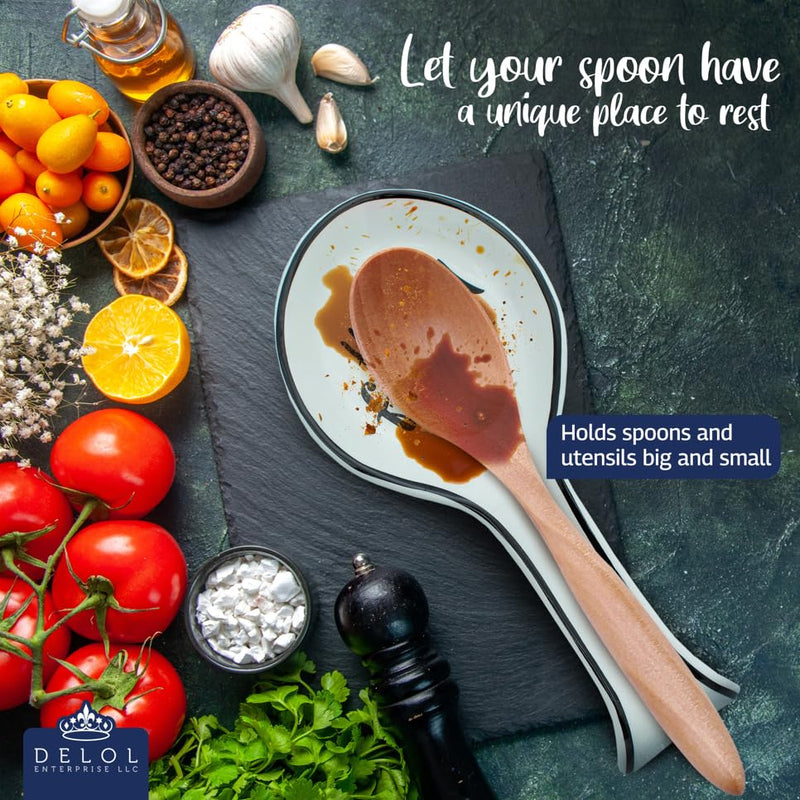 Delol Stoneware Spoon Rest for Stovetops and Kitchen Counters. Great for Kitchen Utensils like Spatulas, Spoons, and Ladles. Easy to clean. (White - Highly Favored)