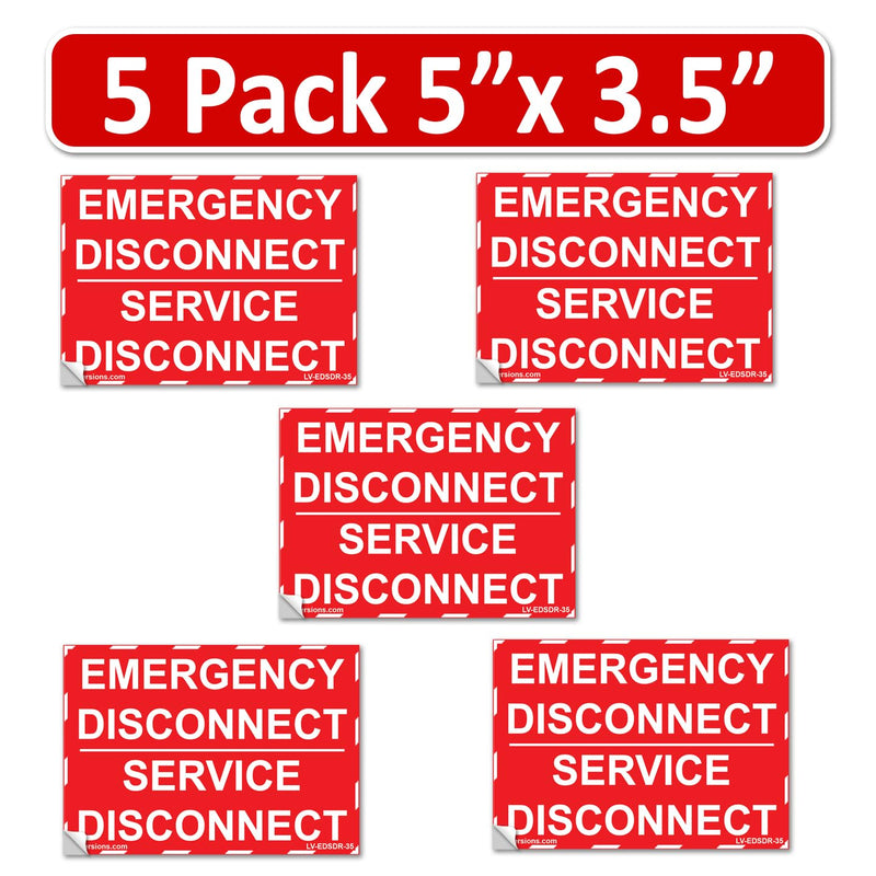 NEC 2025 Compliant - RED 5 Pack 5"x 3.5" Emergency Disconnect Service Labels Decal Sign Notice Sticker Elerctrical Panel Vinyl Waterproof Style 2 Laminated
