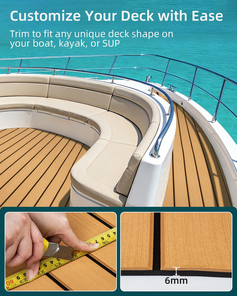 Boat Flooring Faux Teak | EVA Foam Marine Camouflage Decking with Self-Adhesive Backing Non Slip Sheet for Motor Pontoon Boat Yacht RVs Kayak Surfboad Camel Brown with Black Lines 48''L x 16.8''W