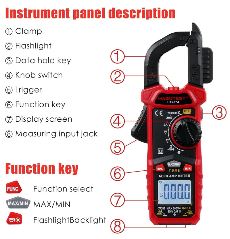 [Australia - AusPower] - Digital Clamp Meter Multimeter with D-Shaped Jaw, 2000 Counts Amp Voltage Tester Auto-ranging for AC/DC Voltage, AC Current, Capacitance, Resistance, Diode, Continuity 