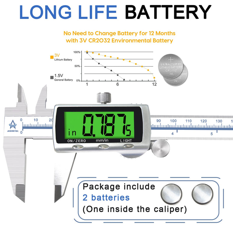 [Australia - AusPower] - ACEMETER Digital Vernier Calliper with Backlight 150 mm / 6 Inch with Large LCD Precision Thrust Gauges Depth Gauge Stainless Steel Analogue IP54 Waterproof for Indoor Outdoor Steps Brass 