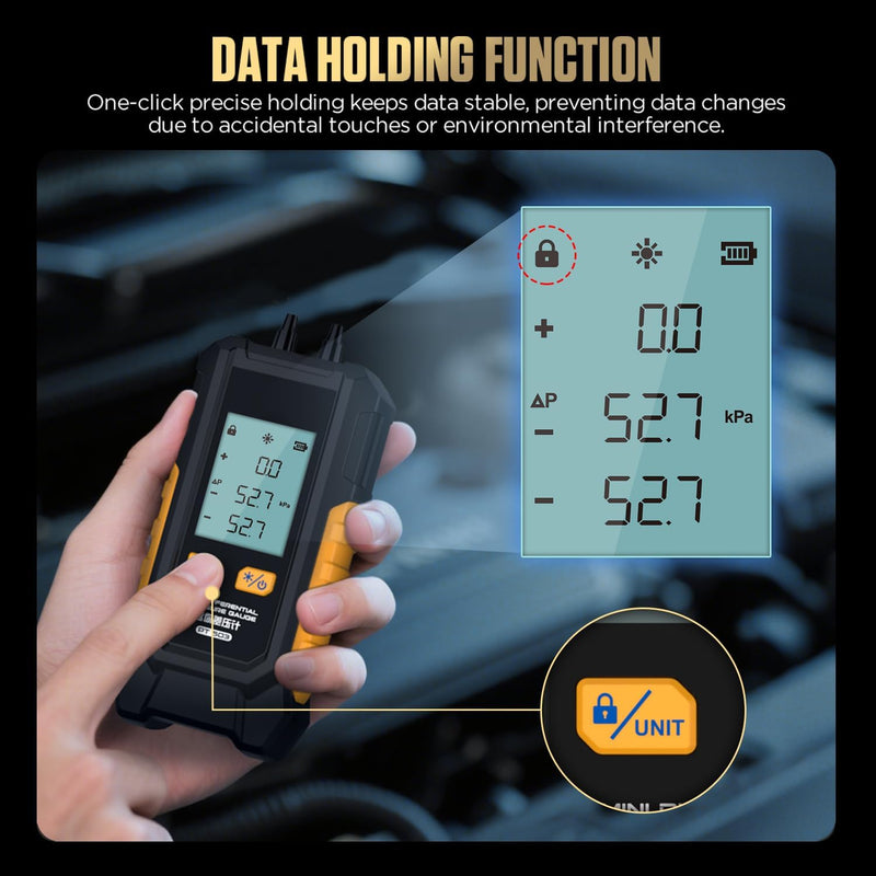 Manometer, Dual-Port Manometer HVAC Gas Pressure Tester with 7 Adapters, 6 Units Switch, Data Hold & Backlit Display Screen, -100 to 200 kPa, Portable Design, PT503