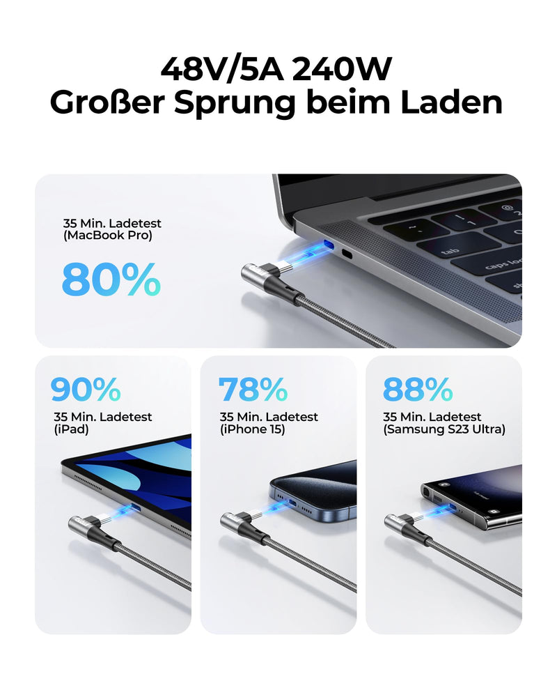 Silkland USB-C to USB-C Cable Short 15 cm Angle 240 W 48 V/5 A, PD3.1 & QC4.0+ | Charging cable 90 degrees 0.15M for iPhone 17 16 15/Pro Max, Galaxy S26 Ultra S25 S23 S22 S21, MacBook Pro/Air, iPad Pro/Mini, Pixel 0.15M