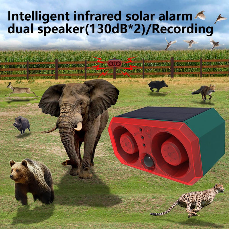 Solar Outdoor Motion Detector Sensor Alarm, Personalize Recording Siren & Strobe Lights, 2*130db Dual-Specker, builtin 13 Sounds Modes Bluff & Intimidate Warning with Remote Controller (1) Red