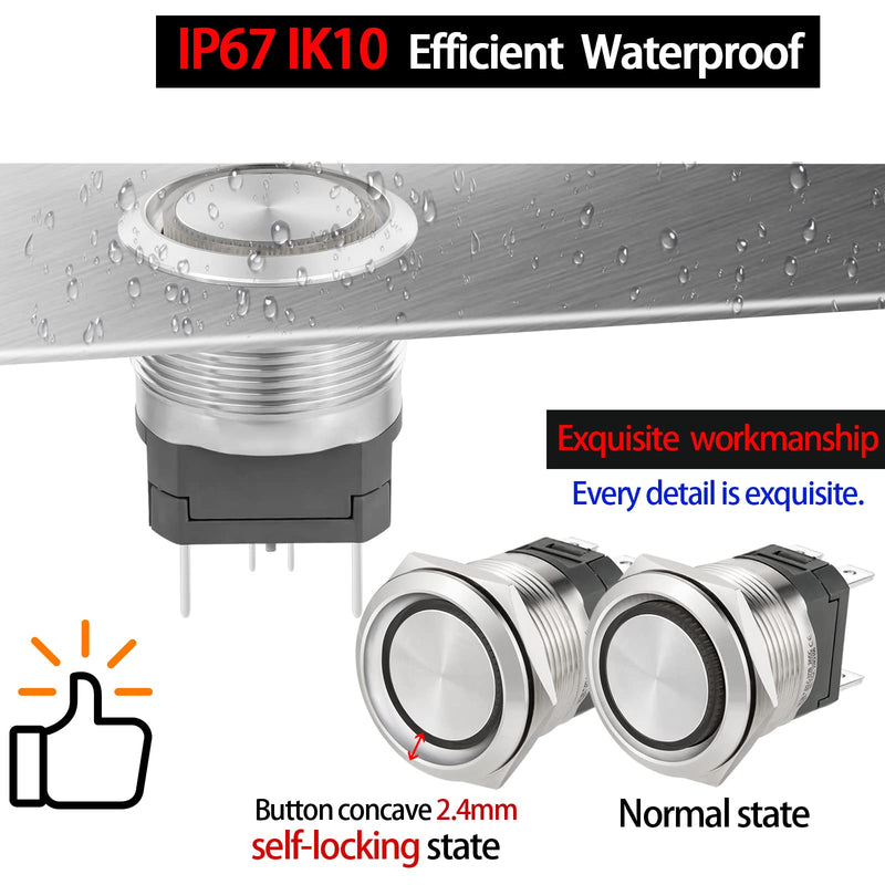 [Australia - AusPower] - 22mm Push Button Switch 15A 110V/120v Latching 2NO DPST Angel Eye LED Stainless Steel Round Self-Locking 7/8'' with Wire Socket Blue Latching 120V 