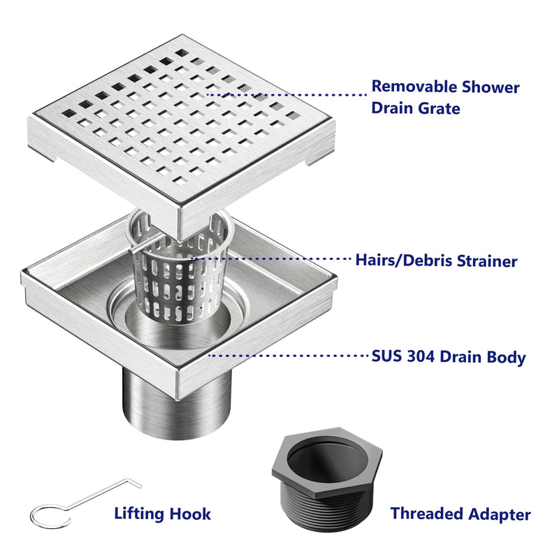 Neodrain Square Shower Drain with Removable Quadrato Pattern Grate, Brushed 304 Stainless Steel Square Drain for Bathroom, with Hair Strainer and Lifting Hook,CUPC Certified (Brushed Nickel, 4 in)