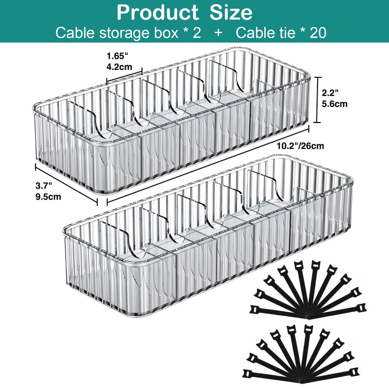[Australia - AusPower] - Cable Storage Boxes Organizers 2 Pack,Cord Charger Storage Organizer Box Case with 20pcs Cable Ties,Stackable,Clear 