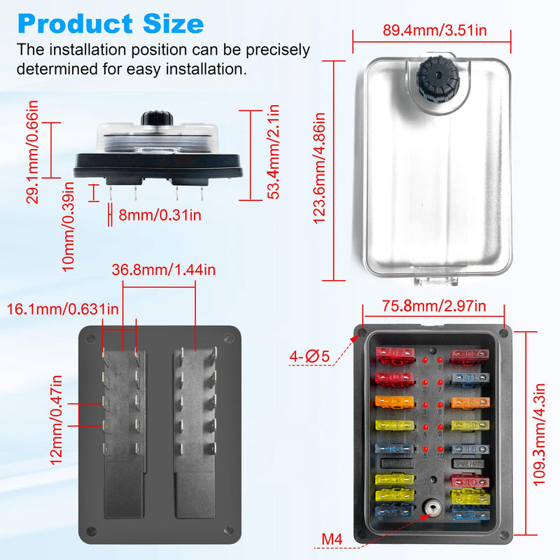 100A 10 Way Fuse Block, 12V Fuse Box Holder 10 Independent Circuits - Access to Groups of High and Low Voltages, 12 Volt Fuse Blade Panel with Led Indicator Waterproof Cover for Car Truck Boat Marine