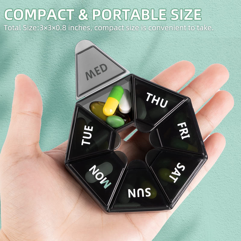 [Australia - AusPower] - 2 Pack Weekly Pill Organizer, Portable Travel Pill Box Dispenser Medicine case 6 Colors (Seven Day) New Edition for Vitamin/Fish Oil/Pills/Supplements-Arthritis Friendly (Black) Black 