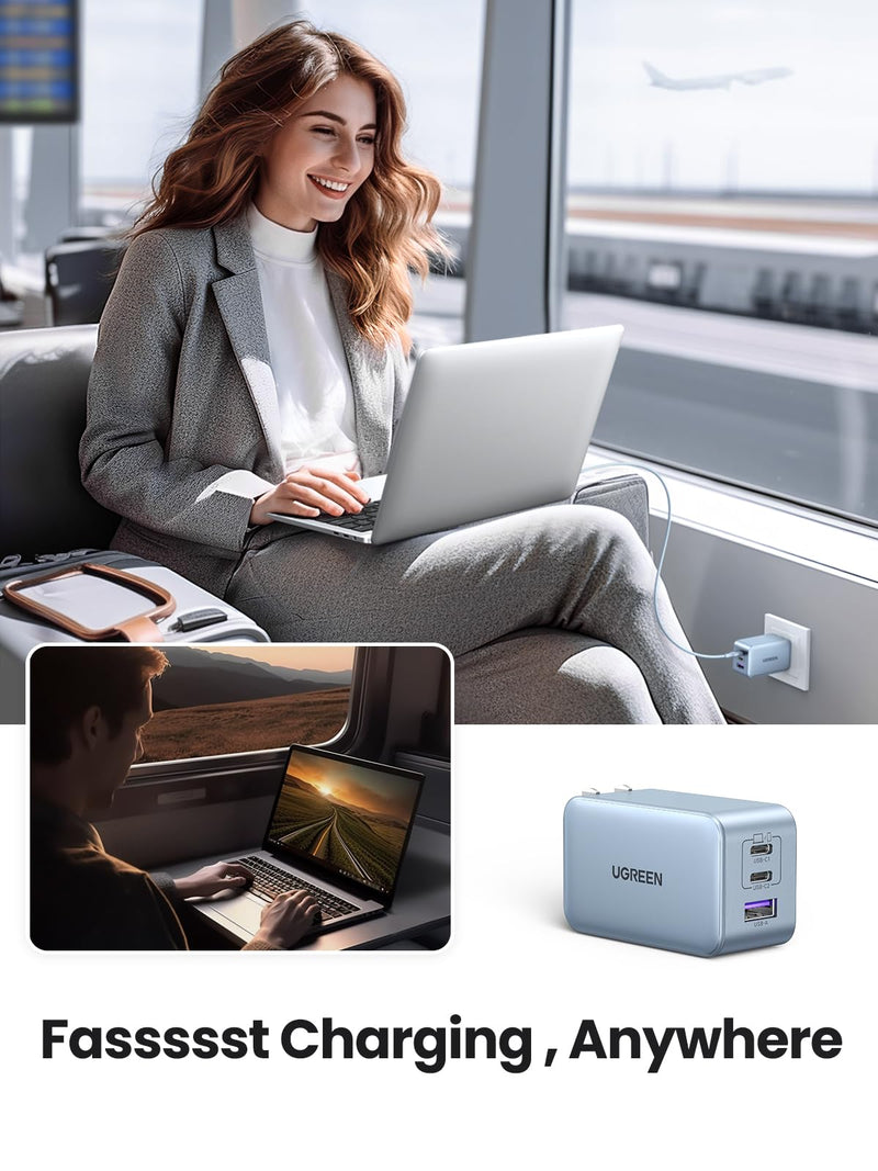 [Australia - AusPower] - UGREEN 65W USB C Charger, Nexode 3 Ports GaN Fast Charger Block, Compact Foldable Charger for MacBook Pro/Air, Dell XPS, iPhone 15 Pro Max/14/13, iPad Pro, Galaxy S23, Pixel 7 (Glacier Blue) Glacier Blue 