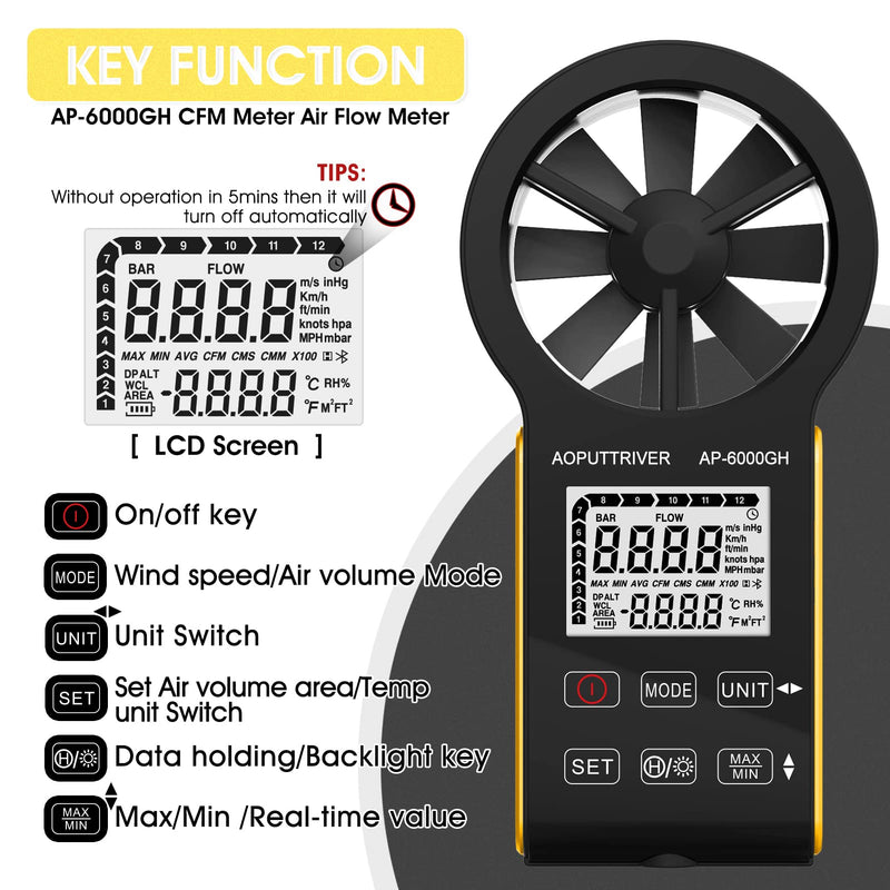 HVAC Anemometer CFM Meter Air Flow Meter with Touch-Screen,Temp, Backlight, Data Hold for Air Volume, HVAC Vents, Sailing, Shooting-AP-6000GH AP-6000GH(HVAC Anemometer, CFM Meter)
