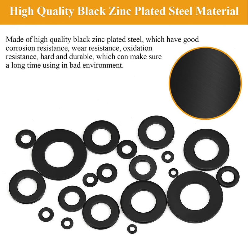 [Australia - AusPower] - 1000 Pieces 9 Sizes Black Zinc Plated Steel Flat Washers for Screws Bolts, Black Washers, Metal Washers, Assorted Washers (M2 M2.5 M3 M4 M5 M6 M8 M10 M12) 