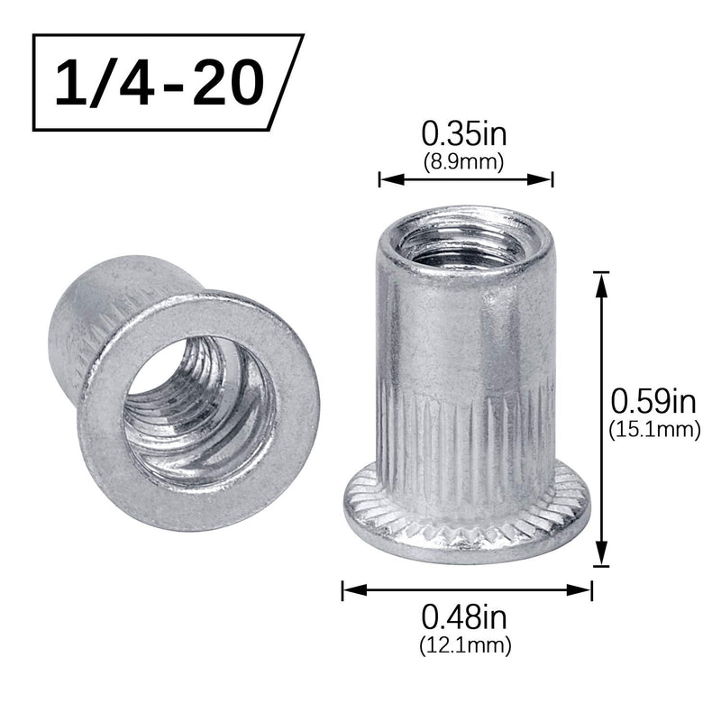 100 Pcs 1/4-20 Aluminum Flange Rivet Nuts, UNC Flat Head Threaded Insert Nut