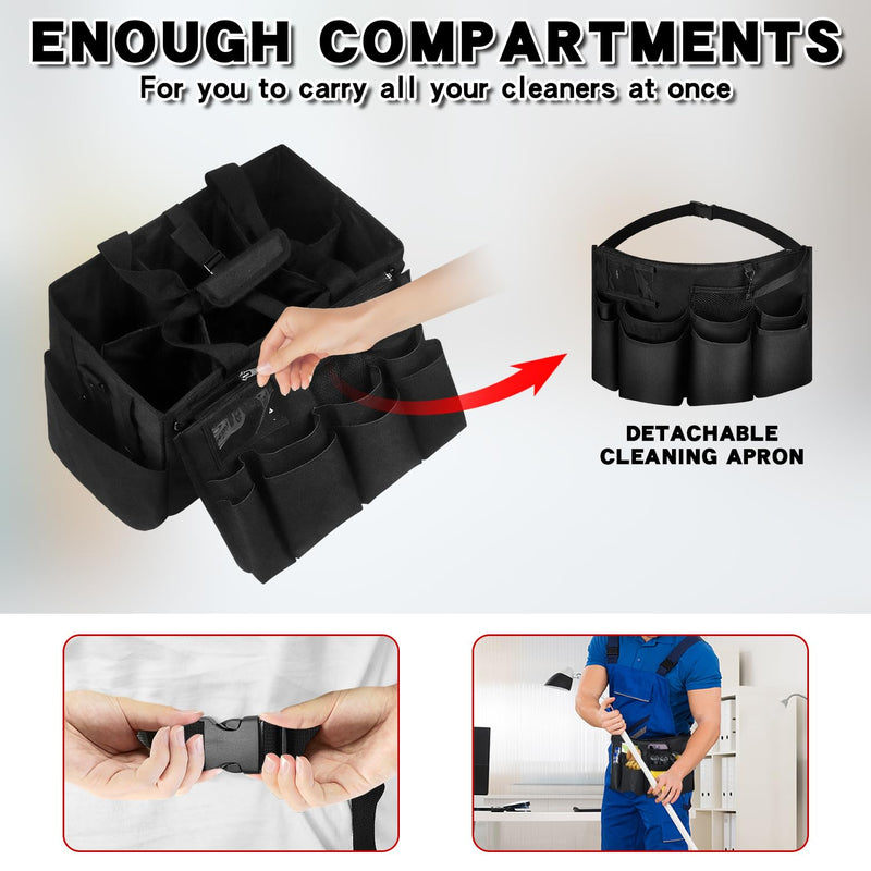 Grekos Wearable Cleaning Caddy Bag, Cleaning Caddy Suppliers Organizer with 4 Foldable Dividers, Handle & Shoulder Straps Cleaning Tool Organizers for Cleaners & Housekeeper (Black) black