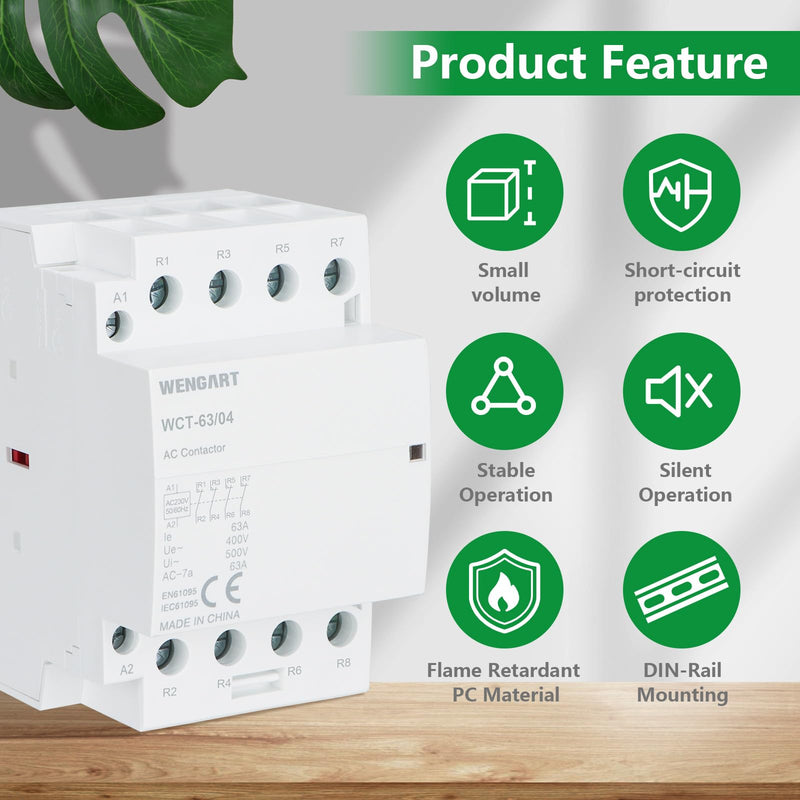 Wengart AC-Schütz WCT-63,4 Normally Closed AC230V 63A, Suitable for Household Appliances and Engine Loads, White | Fireproof ABS For smart home control cabinets. 4NC installation contactor with 2.1W standby. 230 V, 63 A, 54 mm width, DIN35