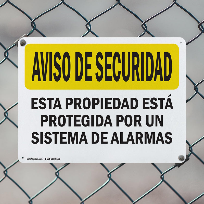 (2 Pack) Facility Protected By Alarm Spanish OSHA Security Notice Sign 14 Inch X 10 Inch Indoor/Outdoor Rust-Free Aluminum Metal Signs for Workplace, Workshop, and Construction Site, Made in the USA