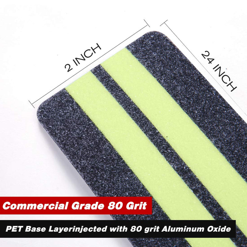 ONTWIE 2 in X 24 in Anti-Slip/Glow-in-Dark Tape - Premium 15 Pre-Cut Strips, 80 Grit Anti Slip Adhesive Grip and Prevents Risk for Stairs or Other Safety Needs (15 Pack) 24''x2'' Black with Glow in the Dark Strips