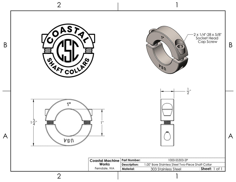 [Australia - AusPower] - 1.00" Bore Diameter - Clamping Two Piece Shaft Collar - 303 Stainless Steel (2 Pack) 1.00" Bore 2 