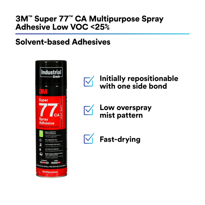 3M Super 77 Multipurpose Permanent Spray Adhesive Glue, Low VOC, Paper, Cardboard, Fabric, Plastic, Metal, Wood, Net Wt 18 oz Super 77 - Low VOC