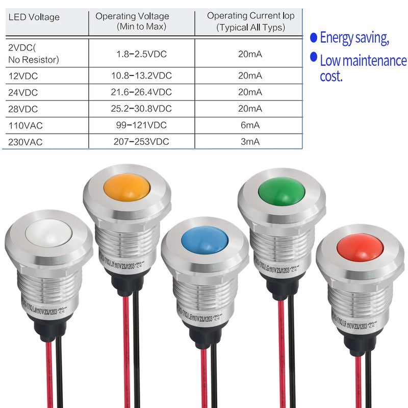 [Australia - AusPower] - Indicator Light 12mm 0.47" LED Lamp with 140mm/5.5" Wire Pilot Lights Waterproof IP67 Metal Stainless Steel Signal Indicator Lamp Panel 2PCS (Green, 110V-120V AC/DC) Green 