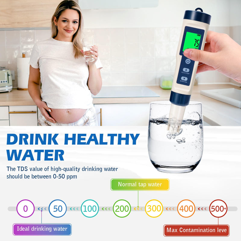 [Australia - AusPower] - 5-in-1 pH Meter with LCD Display, Precision Measurement of PH, TDS, EC, Temperature, T3 Water Quality Tester for Pool, Aquarium, Drinking Water and Hydroponics, Automatic Temperature Compensation White 