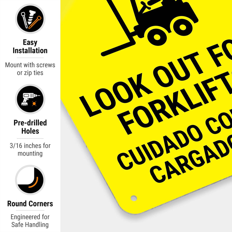 Caution Look Out for Forklifts Bilingual with Graphic OSHA Sign, 10x7 Inches, Rust Free .040 Aluminum, Fade Resistant, Made in USA