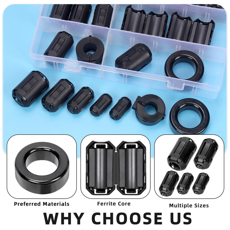 Glarks 32pcs Black Clip-on Ferrite Ring Core Set Includes 3.5/5/7/9/13 mm Inner Diameter Cable Clips RFI EMI Noise Canceling Cable Clips 42 x 24 x 16 mm Toroid Cores 15 mm Ferrite Cores