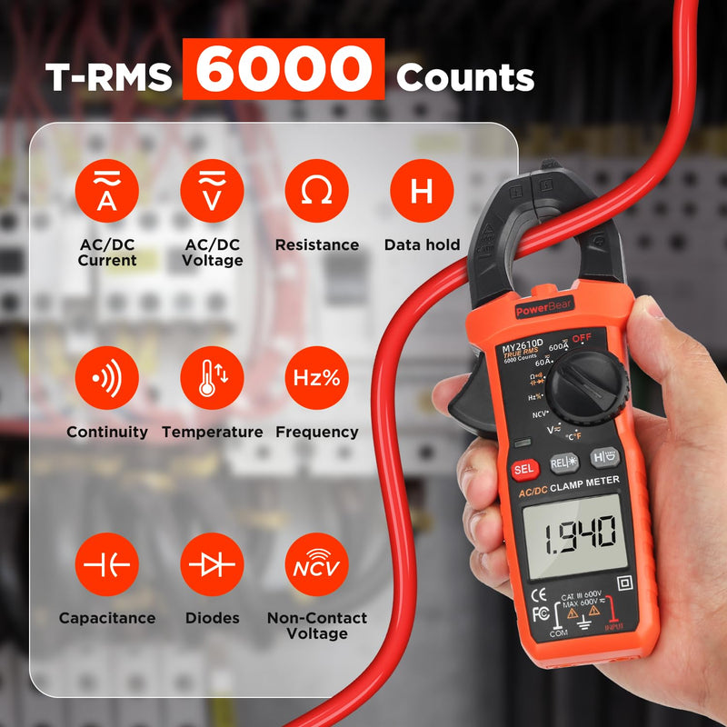 [Australia - AusPower] - PowerBear Digital Clamp Meter Multimeter 6000 Counts for AC/DC Current & Voltage, Auto-ranging Amp Tester, Measures Resistance, Capacitance, Continuity, TRMS, Temperature, NCV Detection 