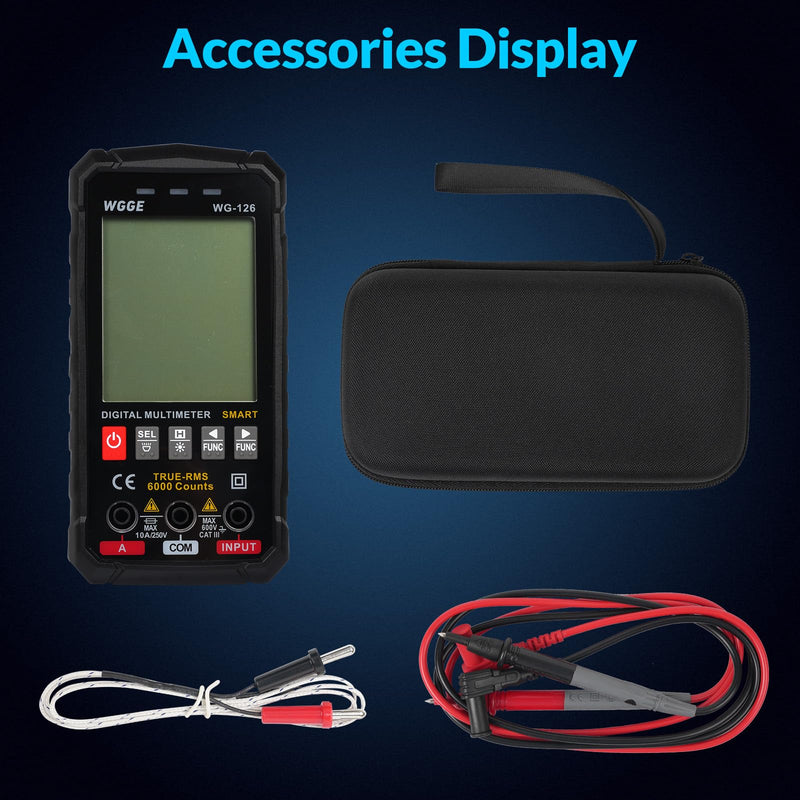 [Australia - AusPower] - WGGE Digital Multimeter Voltmeter Smart Electrical Tester Measures Voltage Current Resistance Continuity Duty-Cycle Capacitance Temperature Frequency Auto Ranging 6000 Counts TRMS 