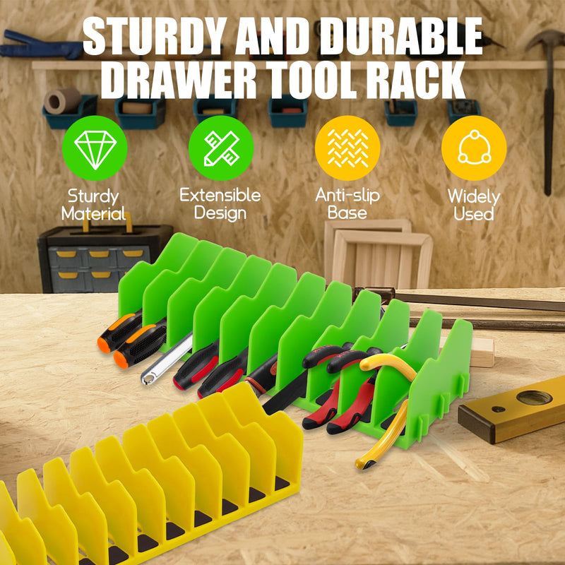 Plier Organizer, 4 Pack Pliers Organizer for Tools Cutters with Extendable Design & Non-Slip Rubber Base, 40 Slots Drawer Organizers for Tools, Wrenches, Screwdrivers,Green&Yellow Green&Yellow 4Pack