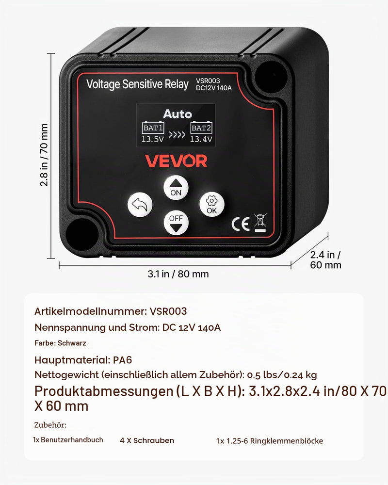 VEVOR Isolator Relay 12V 140A Dual Battery Isolator with LCD Screen Intelligent Battery Isolator for Lithium and Lead Acid Batteries for Car Truck RV UTV ATV Boat