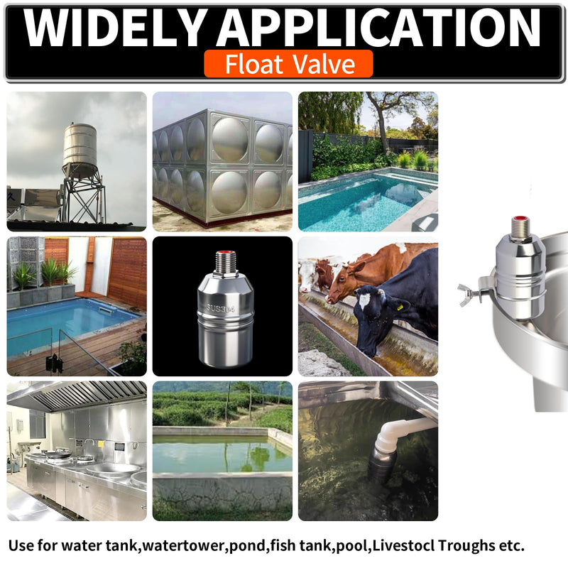 1/2“ 304 Stainless Steel Automatic Water Level Control Float Valve for Water Tank, Cattle Trough, Pools, Livestock (With Elbow, Metal Clip, 1/2" to 3/4" adapter) (2-Pack) 2-Pack