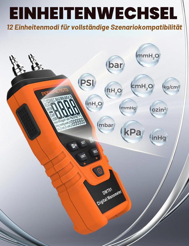 DMT01 Precision Digital Pressure Gauge, ±5 PSI / ±34.47 kPa, 12 Units, HVAC Differential Pressure Gauge, ±0.3% FS, Dual Port Gas Pressure Tester, Backlight, Data Holding, Manual Zero