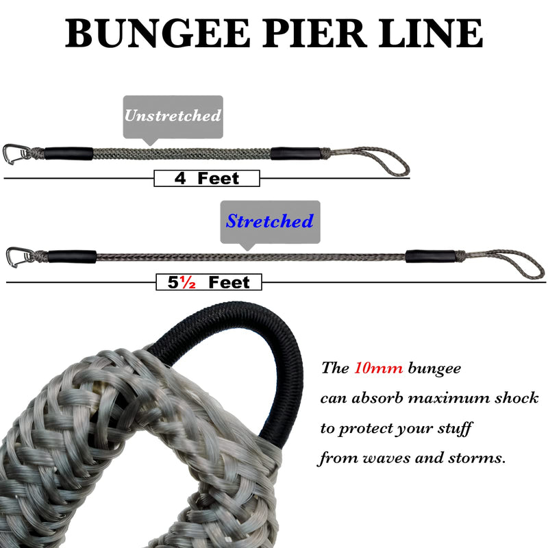 4FT Premium Boat Bungee Dock Lines Jet Ski Accessories with Marine Grade 316 Stainless Clip Safely Mooring for Jet Ski, SeaDoo, Yamaha WaveRunner, Kayak, Pontoon Boat, Dinghy 4~5.5ft 4 Feet Grey