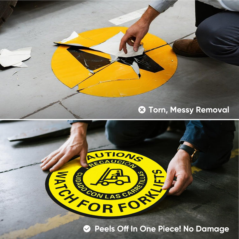 Caution Watch for Forklift Floor Sign – 5 Pack 16 Inch Round Vinyl Decals, Bilingual English/Spanish, Anti-Slip, Removable, Waterproof, UV Protected, High Visibility Safety Sticker for Warehouse, Work Site, Office, Factory