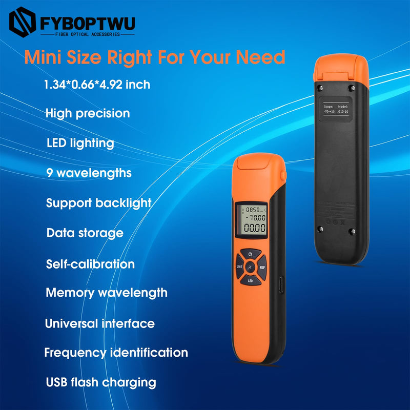 [Australia - AusPower] - Rechargeable Optic Power Meter -70~+10 dBm Fiber Light Meter for Testing 9 Calibrated Wavelengths Compact Size (4.9in*1.3in), Continuous use for 20 Hours 