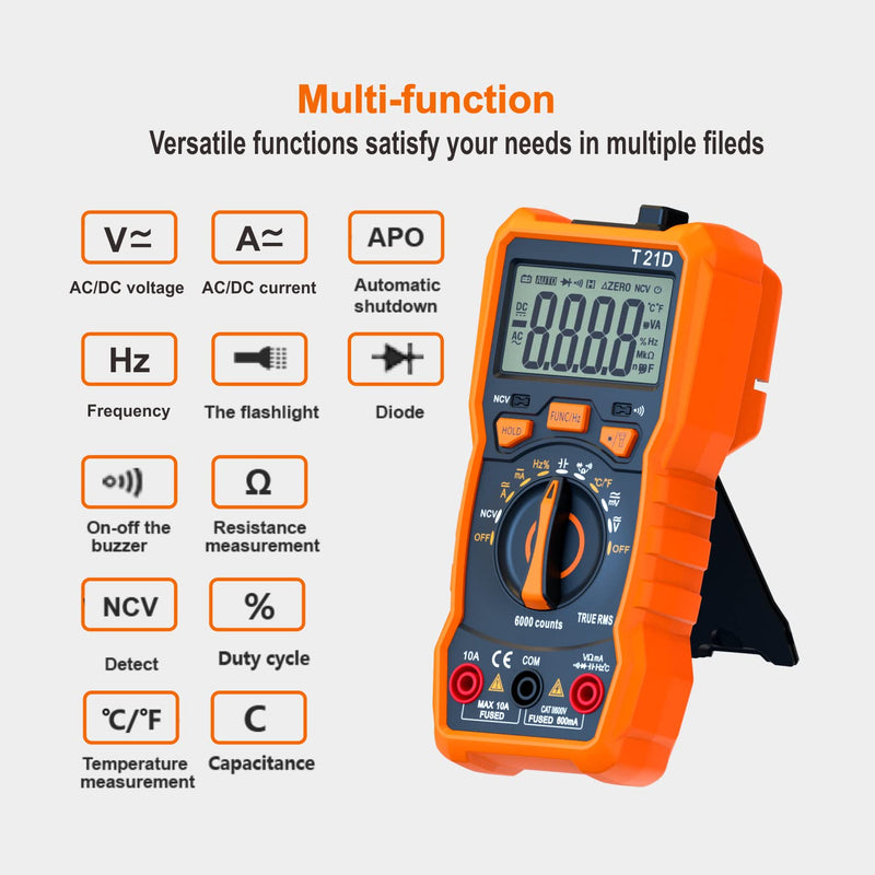 [Australia - AusPower] - Auto-Ranging Digital Multimeter, TRMS 6000 Counts AC DC Voltmeter Ohm Volt Amp Meter, Electrical Multimeter Tester with NCV, Measure Capacitance Current Resistance Temp Continuity Diode Duty Cycle up to 600V/10A 