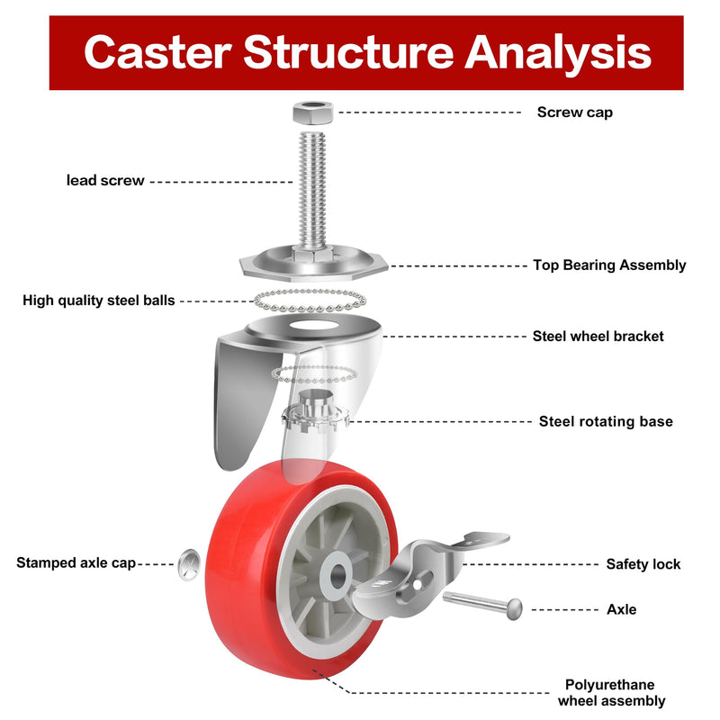 [Australia - AusPower] - 3 Inch Heavy Duty Stem Casters Swivel Wheels with Brake - 3/8" -16 x 1-1/2" (Stem Diameter 3/8", Stem Length 1-1/2"),Set of 4 with Locking Threaded Stem Caster Wheels - Load 600lbs 